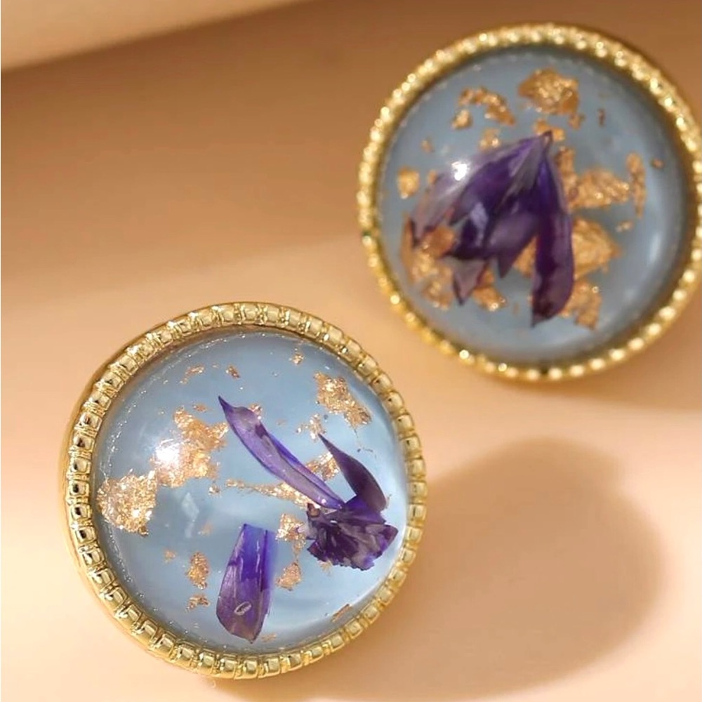 “Navy Calla Lily Petals” Blue Pressed Preserved Dried Flower Gold Flake Orb Stud - Picture 2 of 14